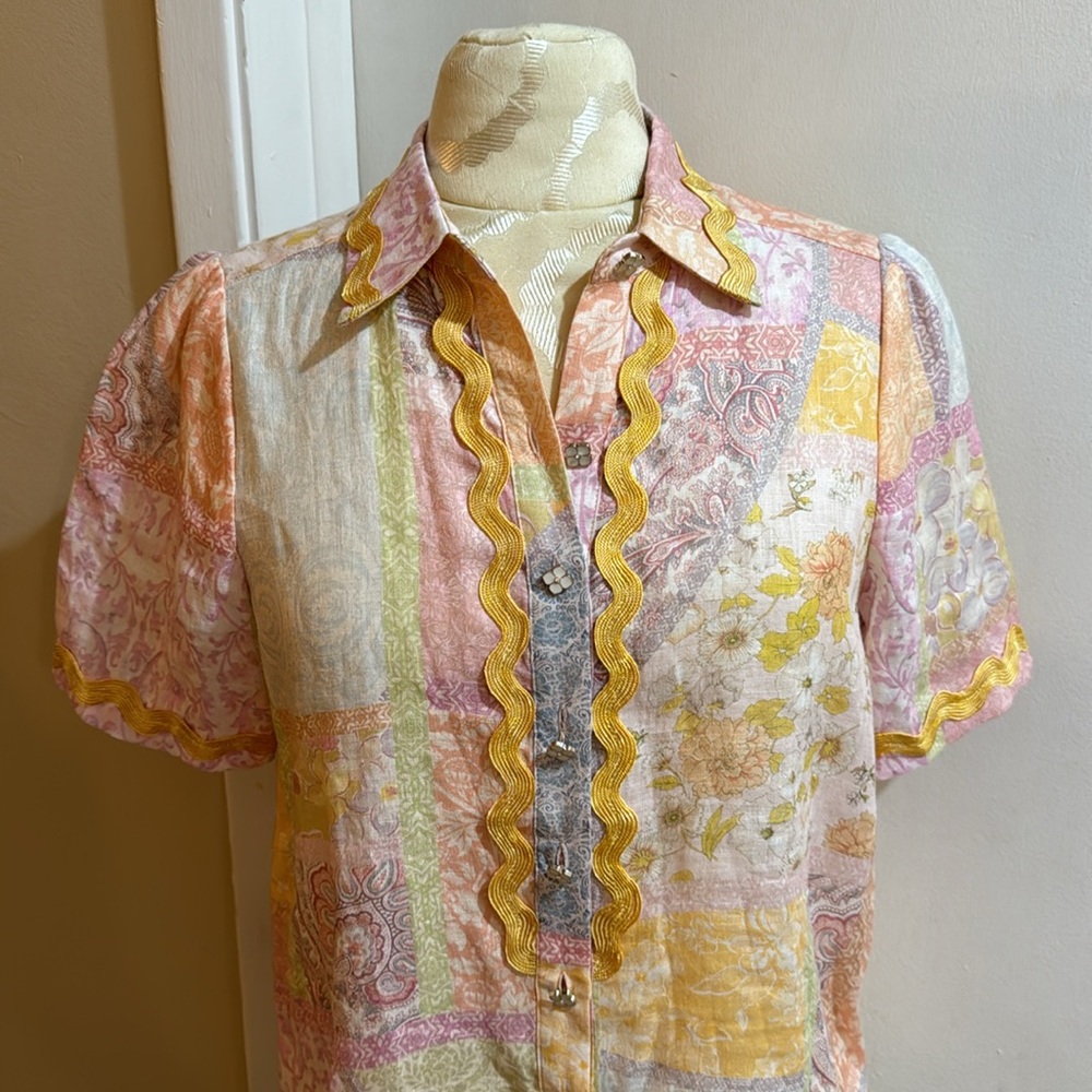 Hale Bob 100% Linen Floral Pastel Decorative Buttons RickRack Trim Top XS